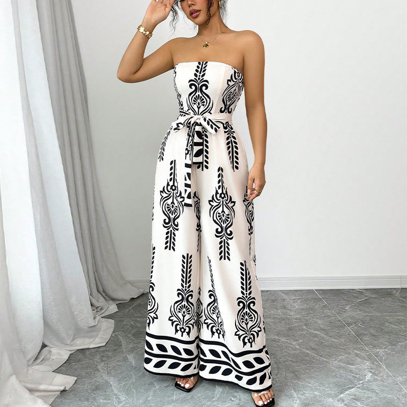 Elegant Women's Strapless Wide-Leg Jumpsuit with Bohemian Print