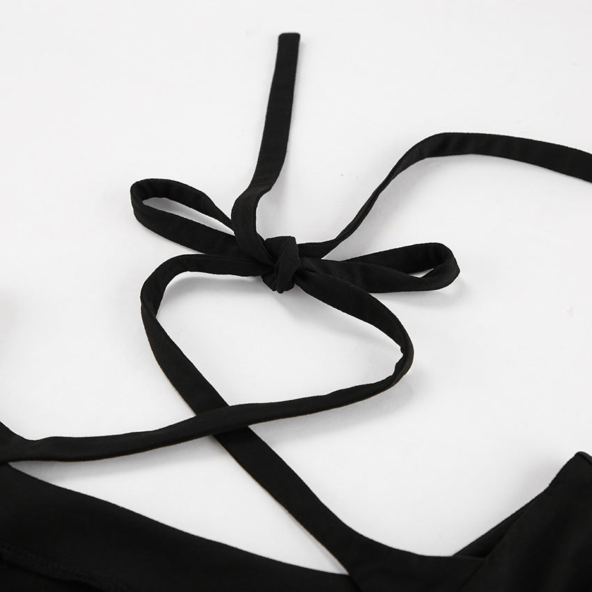 Chic Black Knitted Long Sleeve Mini Dress with Square Neckline and Lace Up Detail
