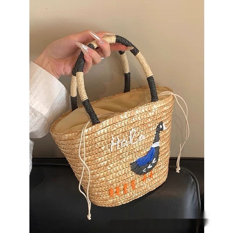 Chic Hand-Woven Straw Tote Bag with Playful Duck Embroidery