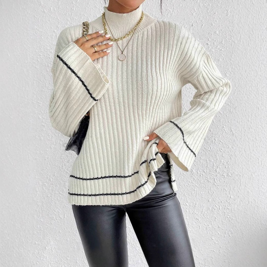Cozy Loose Fit Ribbed Knit Turtleneck Sweater with Striped Sleeves