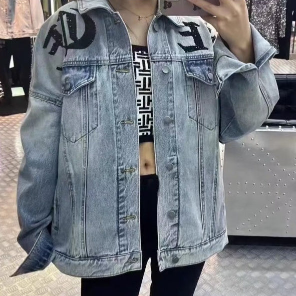 Street Style Oversized Denim Jacket with Rhinestone Lettering and Distressed Finish