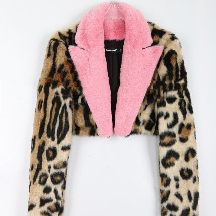 Chic Leopard Print Faux Fur Crop Jacket with Pink Lapel