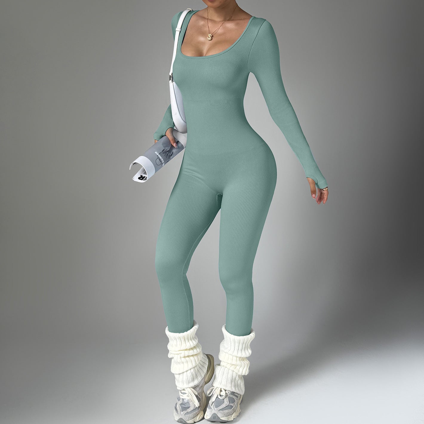 Form Fitting Long Sleeve Ribbed Activewear Bodysuit for Yoga and Fitness