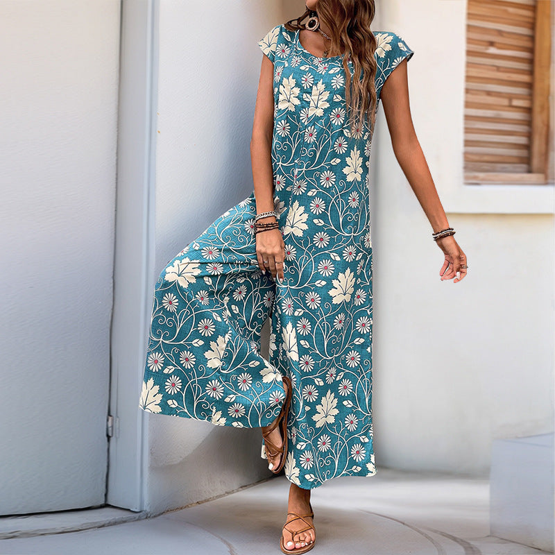 Bohemian Floral Print Wide Leg Jumpsuit