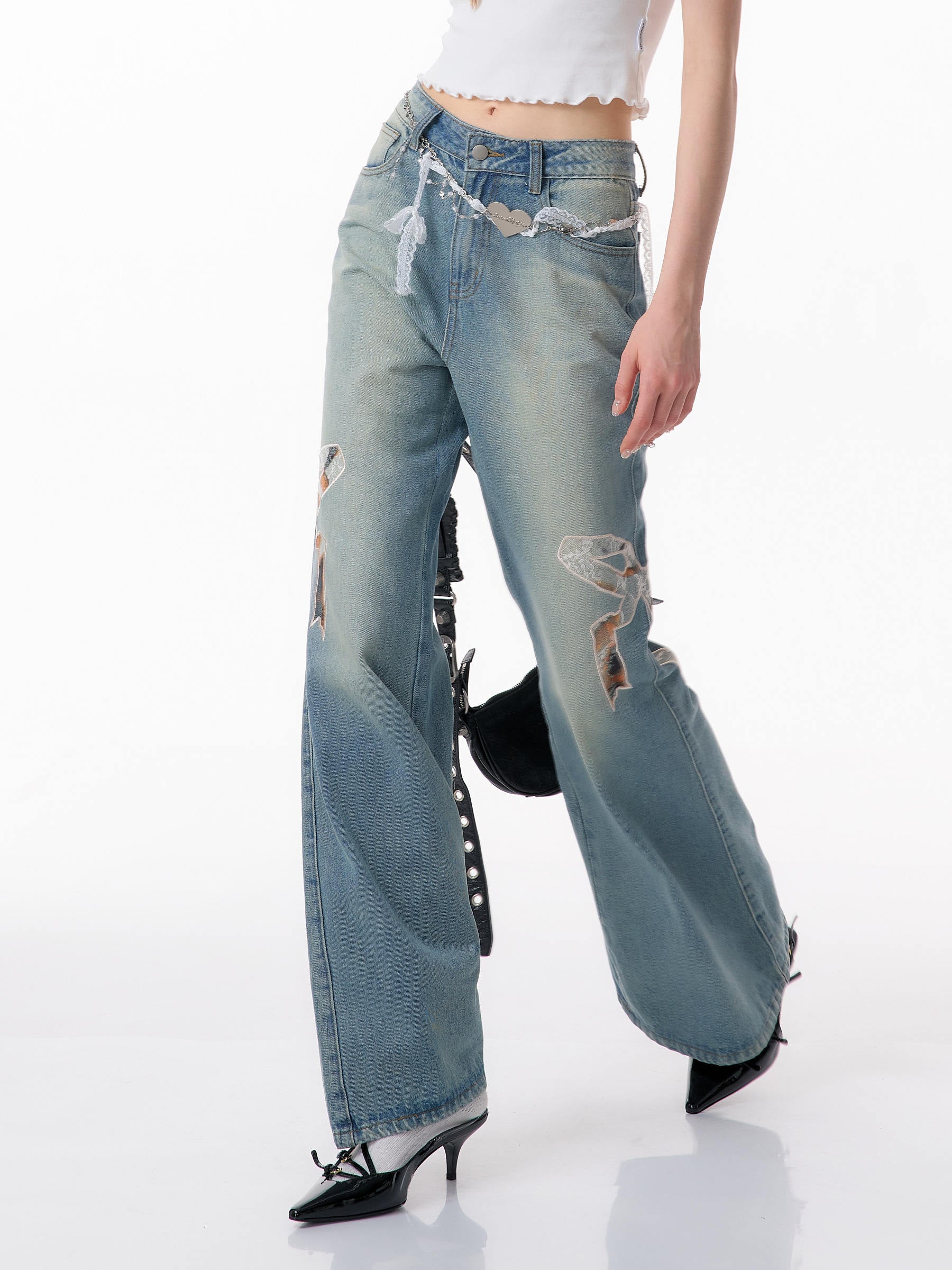 Y2K Bow Patch High Waist Wide Leg Jeans