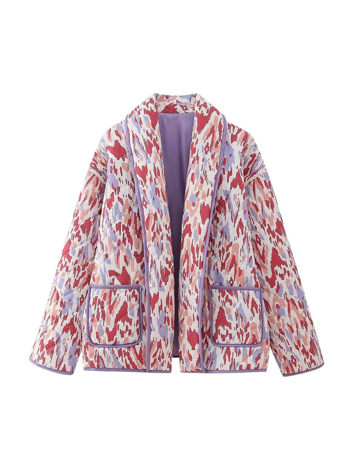 Artistic Retro Printed Quilted Jacket with Lapel Collar and Pockets