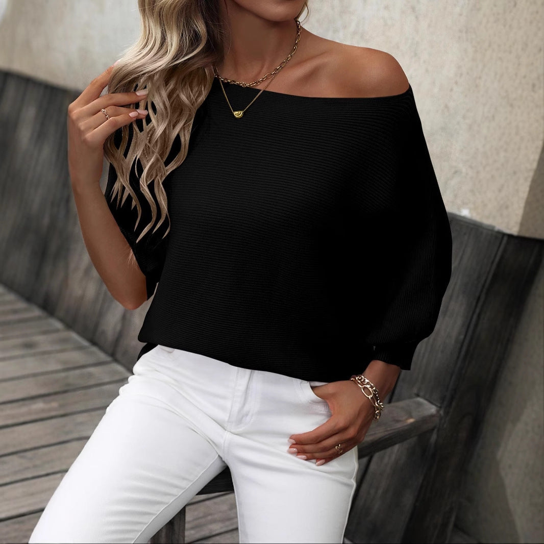 Elegant Off Shoulder Loose Fit Ribbed Knit Pullover Sweater