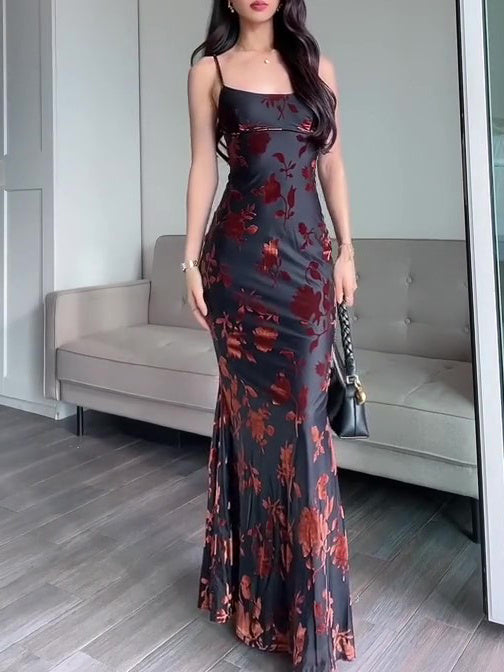 Women's Strappy Bodycon Dress - Flocked Maxi Party Style