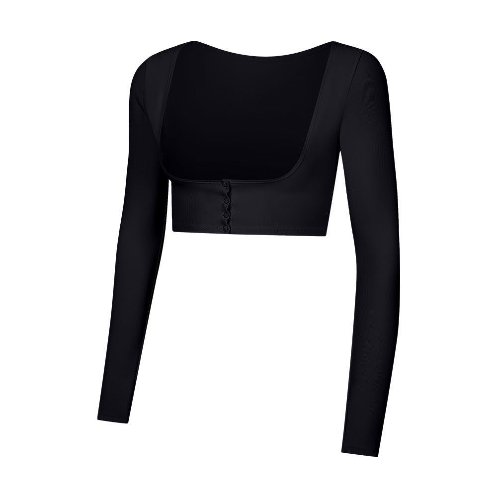 Women's Ribbed Long Sleeve Fitness Crop Top with Button Detail and Thumbholes
