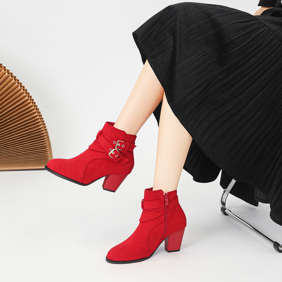 Adalyn Suede Buckle Block Heel Boots