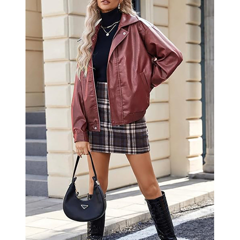 Street Style Loose Fit Faux Leather Bomber Jacket Trendy Design