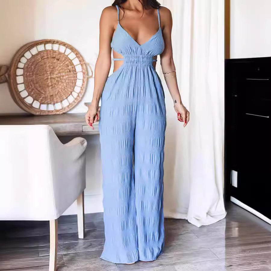 Elegant Backless Cutout Textured Wide Leg Jumpsuit for Women