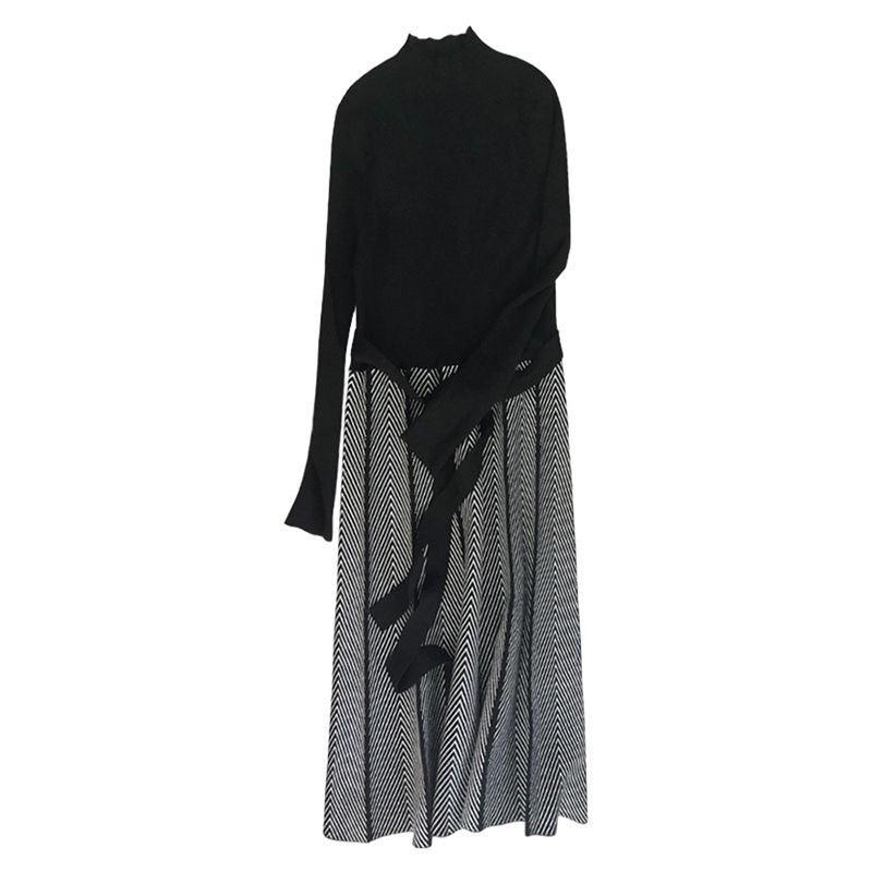 Elegant Mock Neck Knit Dress with Pleated Midi Skirt and Tie Waist