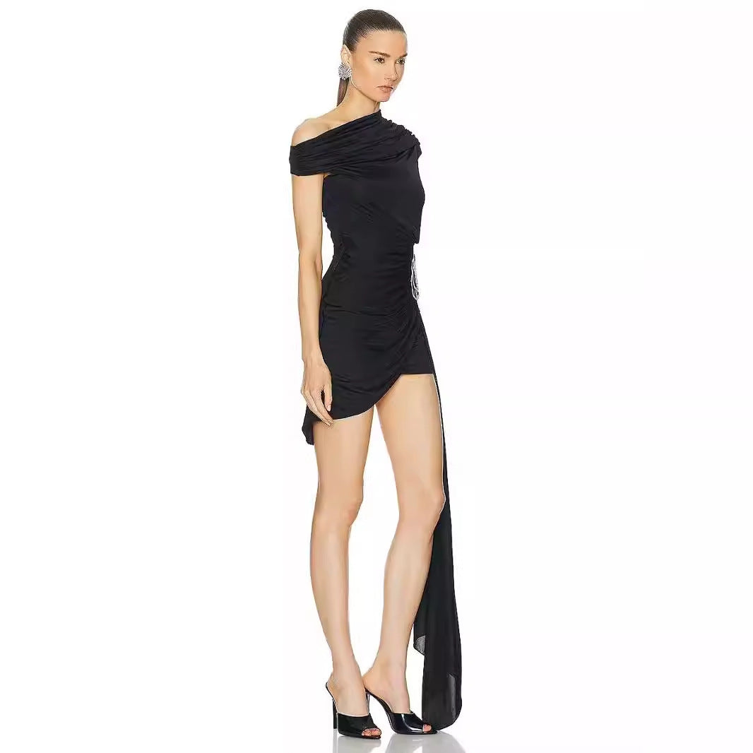 Chic One Shoulder Mesh Bodycon Mini Dress - Ruched Party Ready Style