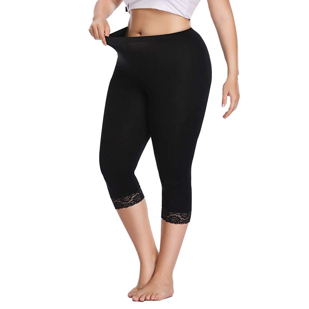 Comfortable Soft Milk Silk Capri Leggings with Delicate Lace Trim Detail