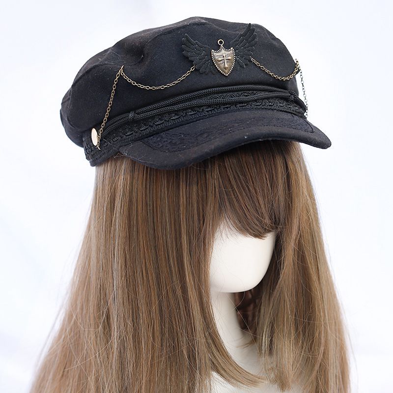 Chic Black Beret with Wing & Chain Accent
