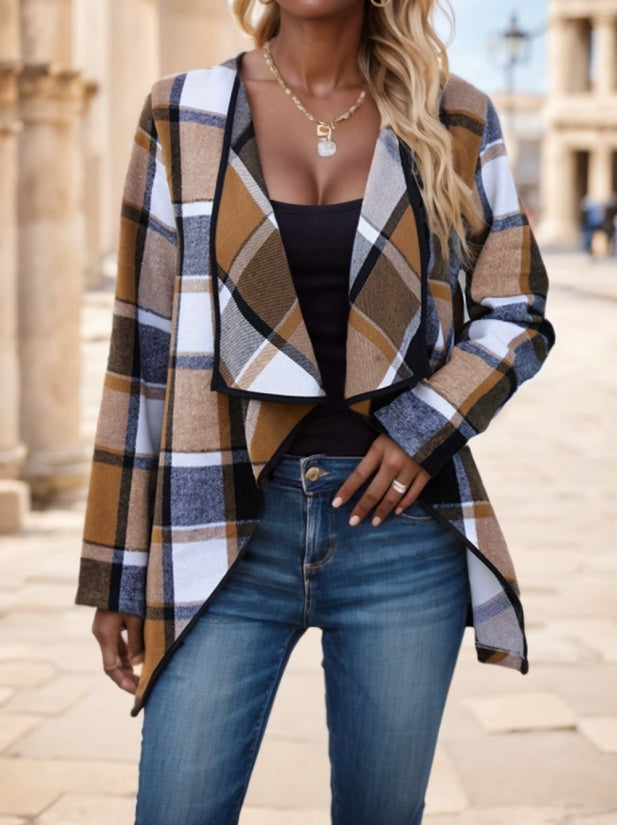 Everly Plaid Drape Front Cardigan Coat