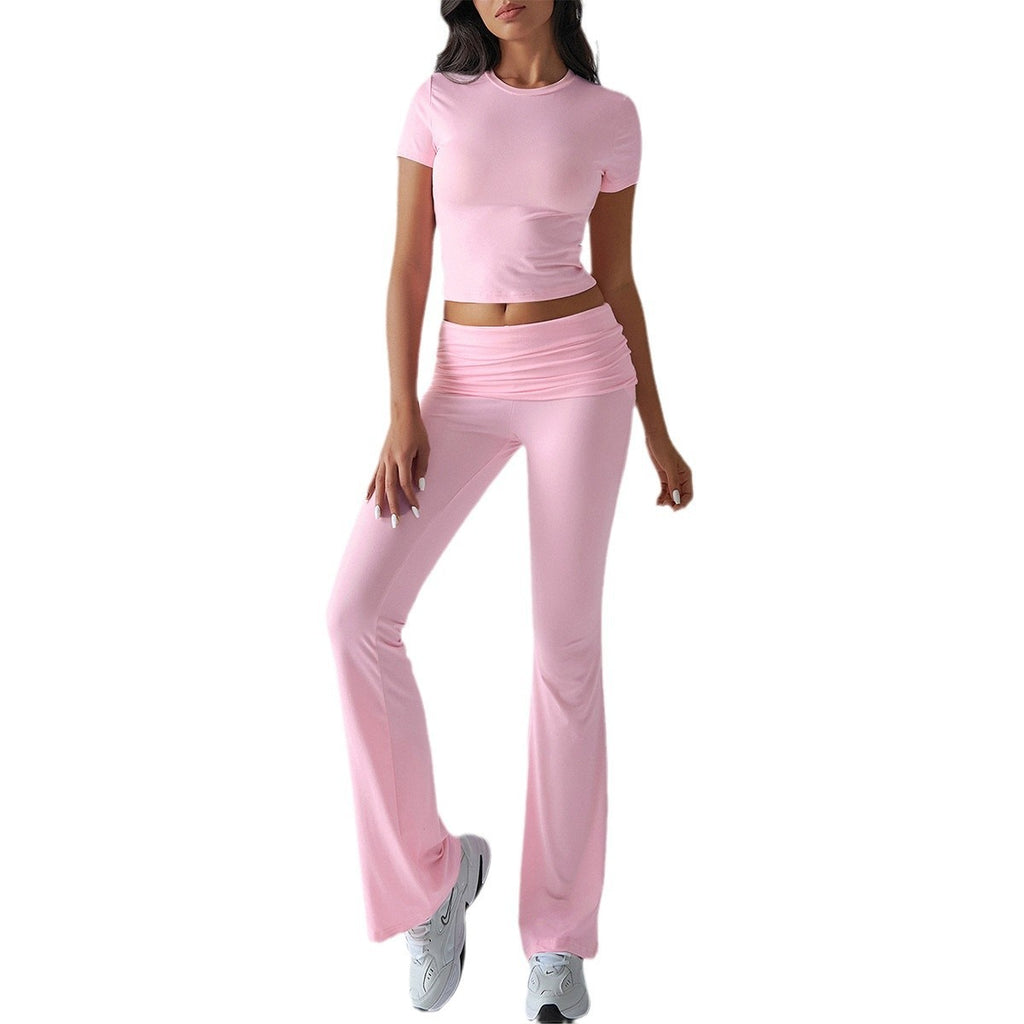 Comfortable Solid Color Short Sleeve Crop Top and Flared Leg Pants Co ord Set