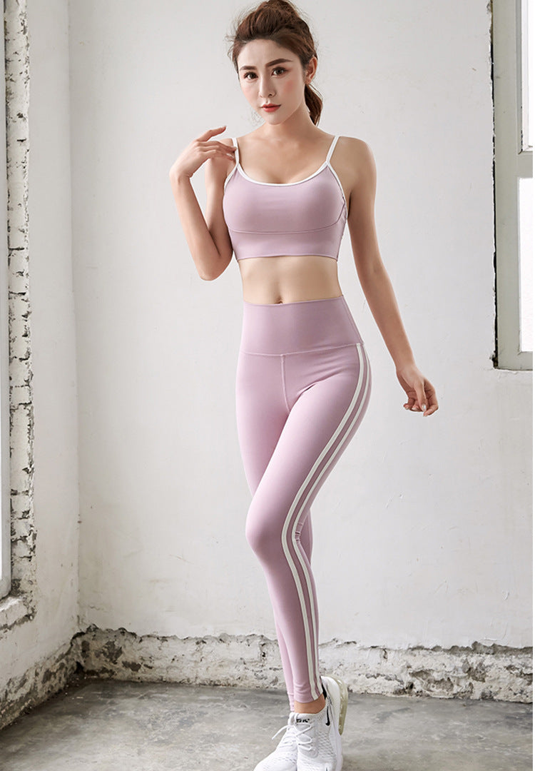 High Waist Stretch Nylon Fitness Leggings with Stylish Side Stripe for Yoga and Training