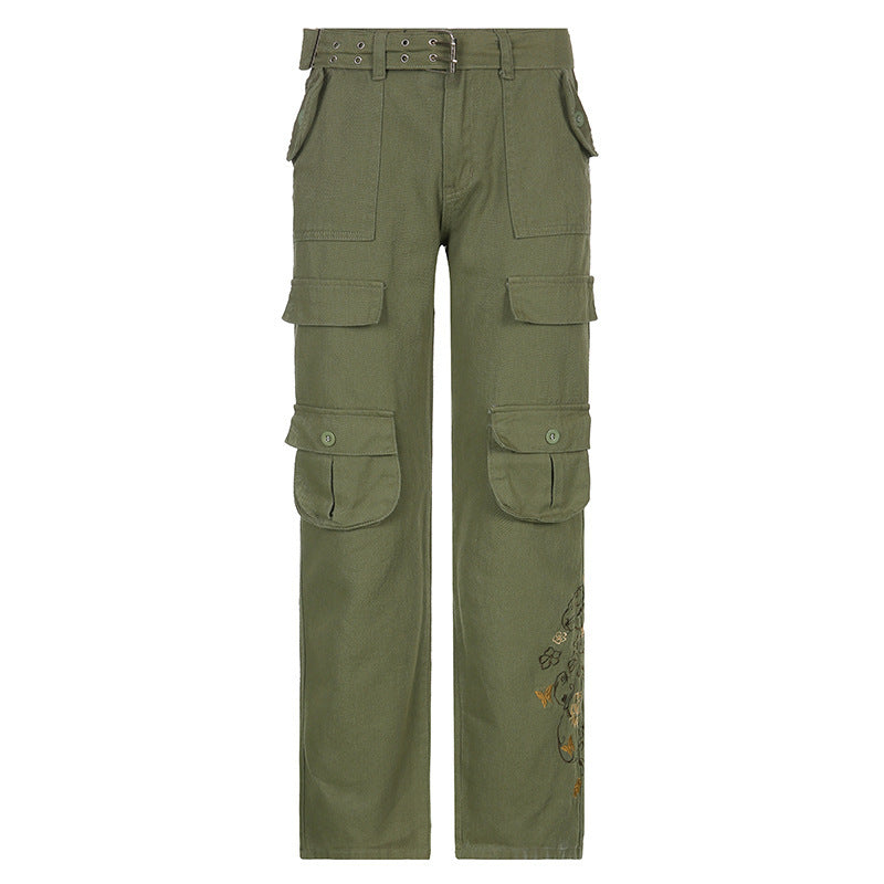 Vintage Low Waist Embroidered Cargo Pants - Y2K Style