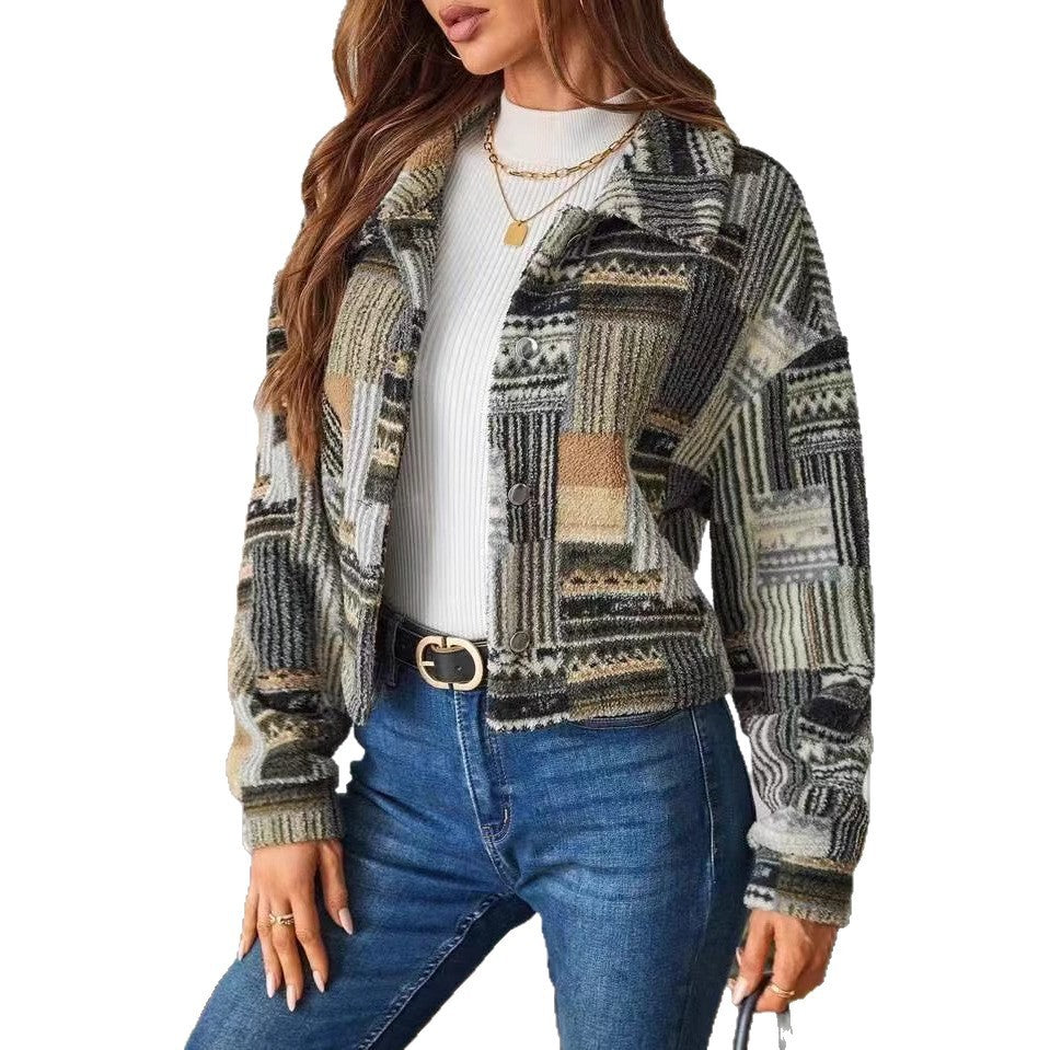 Boho Inspired Patchwork Print Plush Button Down Shacket