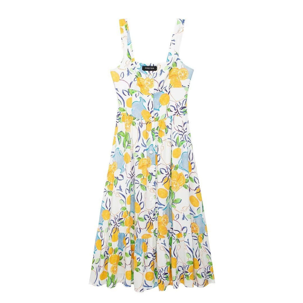 Vibrant Lemon Print Sleeveless Midi Dress - Summer Essential