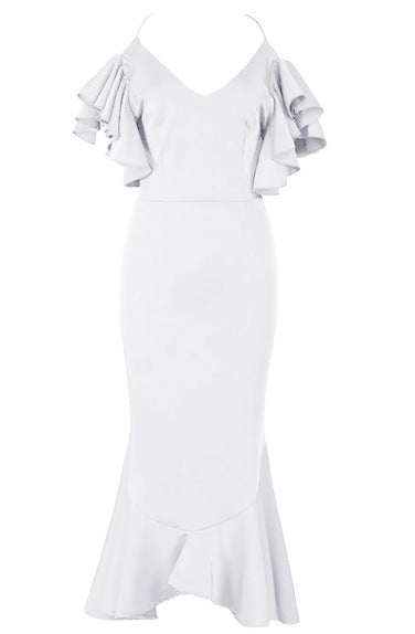 Elegant White V-Neck Backless Mermaid Evening Dress with Ruffle Details