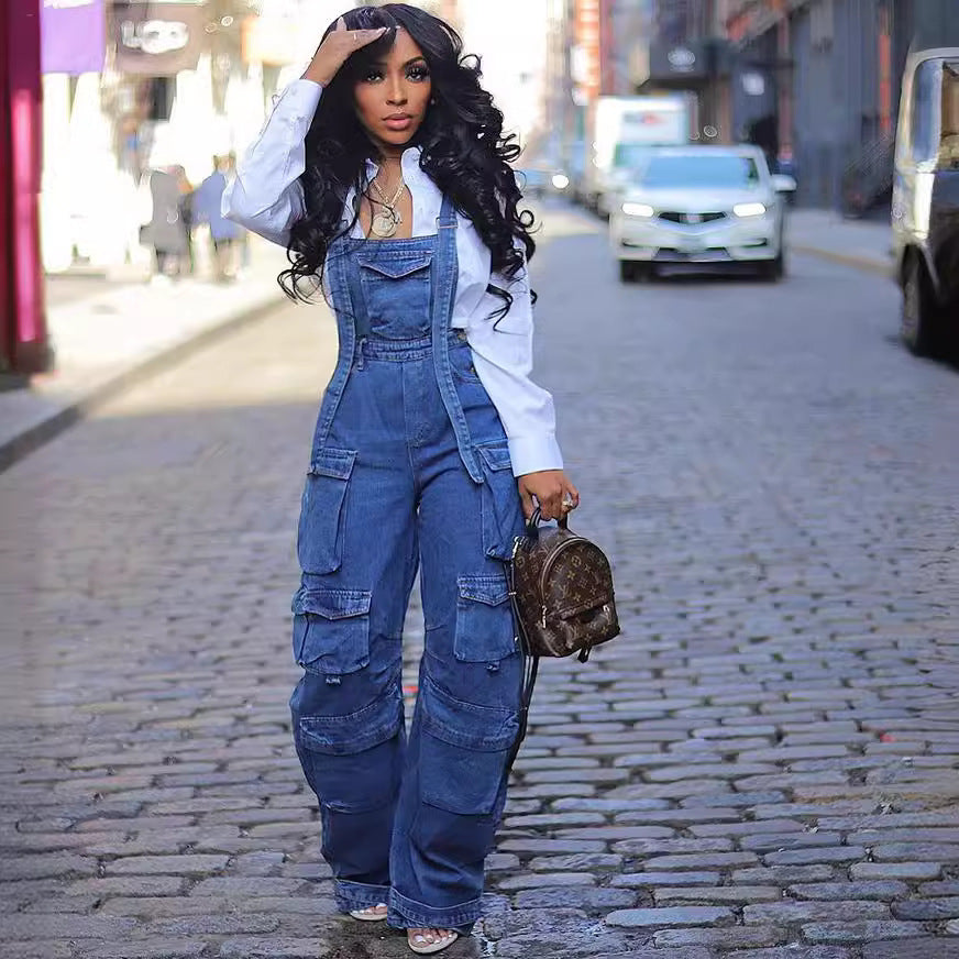 Women's Loose Fit Denim Jumpsuit - Casual Straight Leg