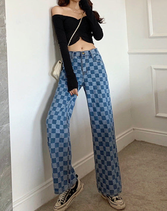 Retro Checkerboard Wide-Leg Jeans
