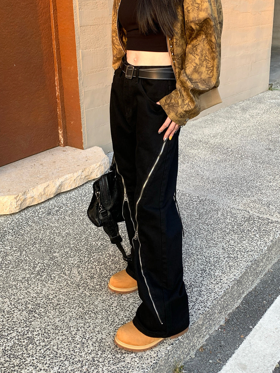 Black Baggy Zipper Jeans - Edgy Streetwear Style