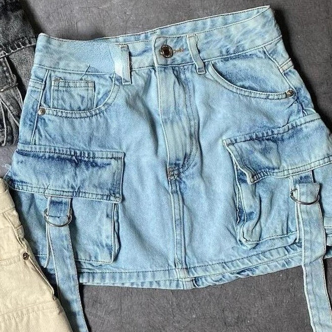 Trendy Y2K Washed Denim Mini Skirt with Utility Pockets