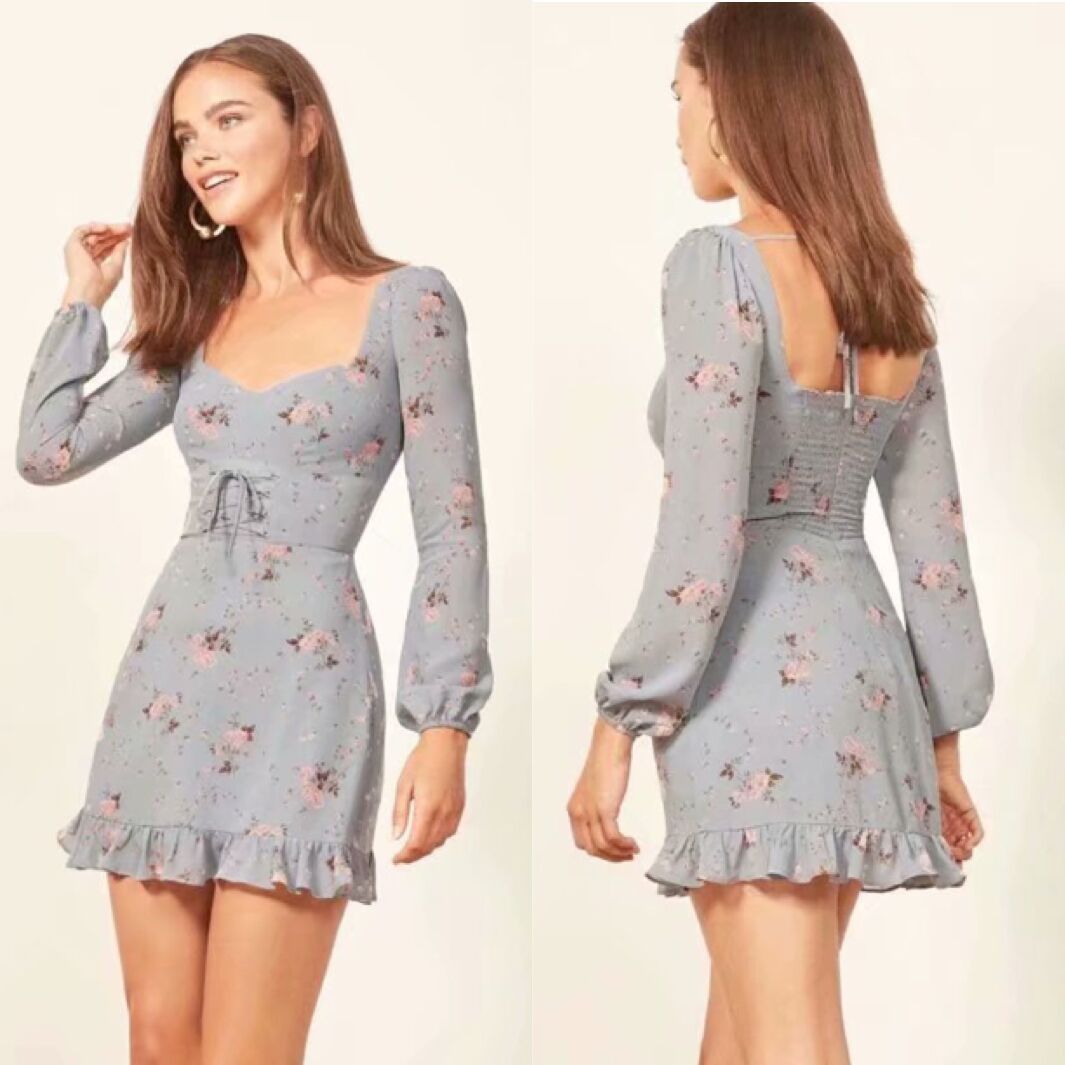 Chic Floral Ruffled Mini Dress with Sweetheart Neckline & Tie-Front Detail