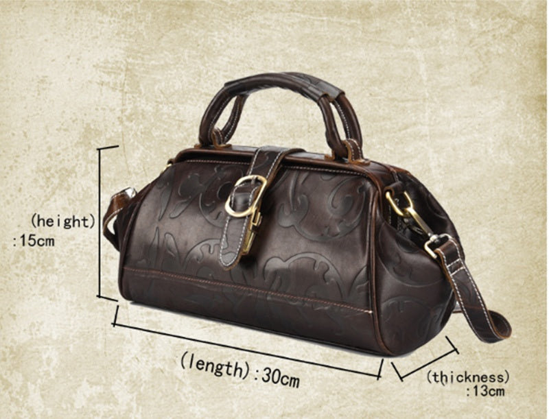 Elegant Retro Embossed Leather Satchel Bag with Secure Buckle and Adjustable Strap