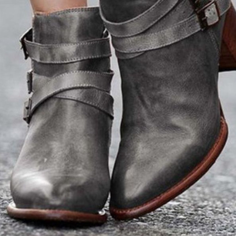 Chic Boho Buckle Block Heel Ankle Boots