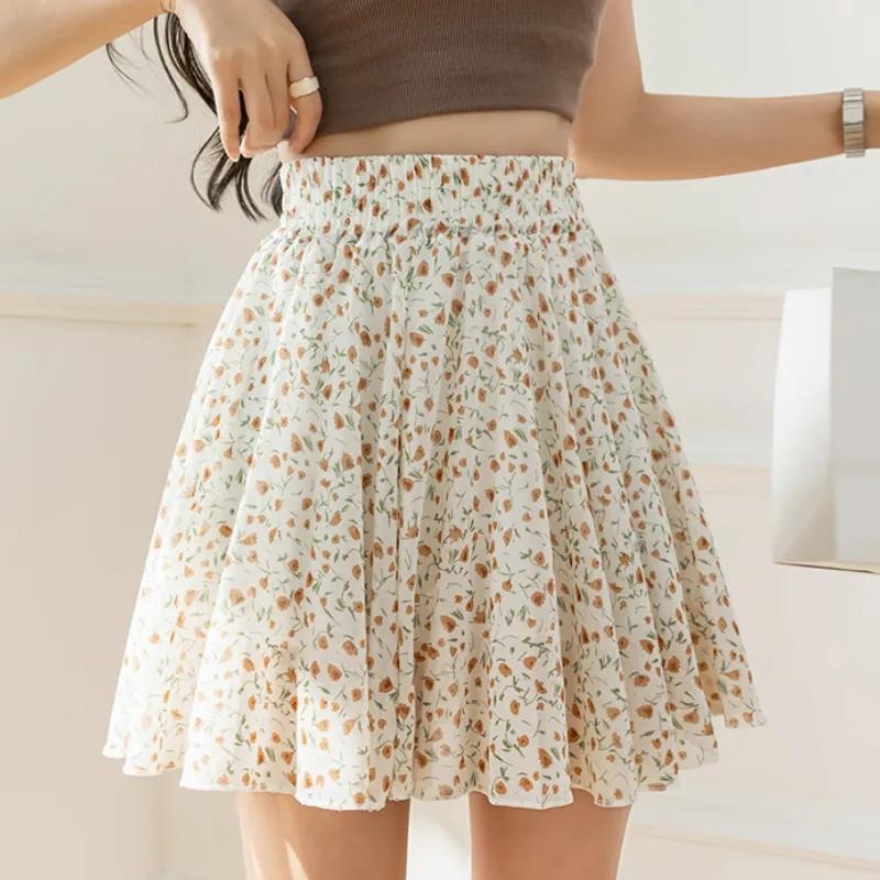 Chic Flowy Floral Print Pleated Elastic Waist Mini Skirt