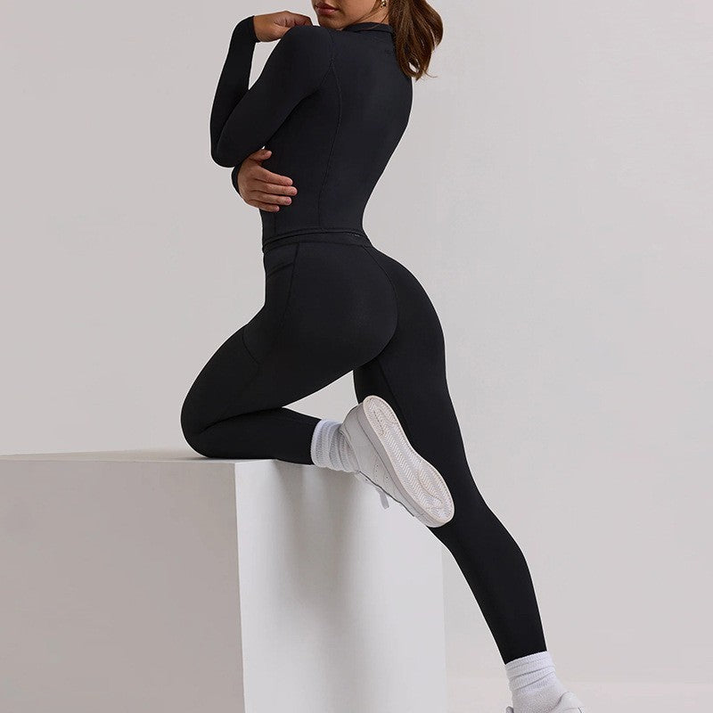Comfortable Long Sleeve Workout Zip Up Top and High Waisted Leggings Set for Women