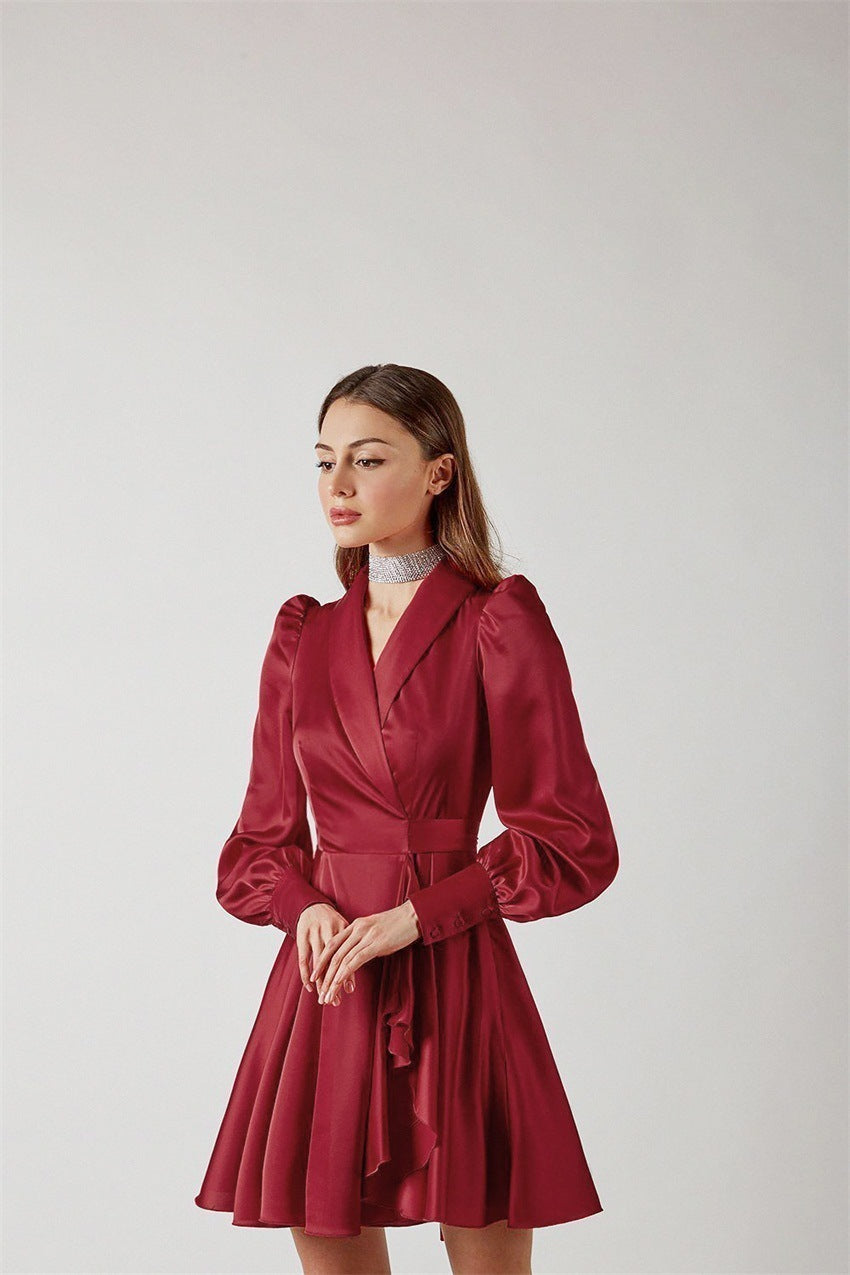 Elegant V Neck Long Sleeve Mini Dress with Cinched Waist and Lantern Sleeves