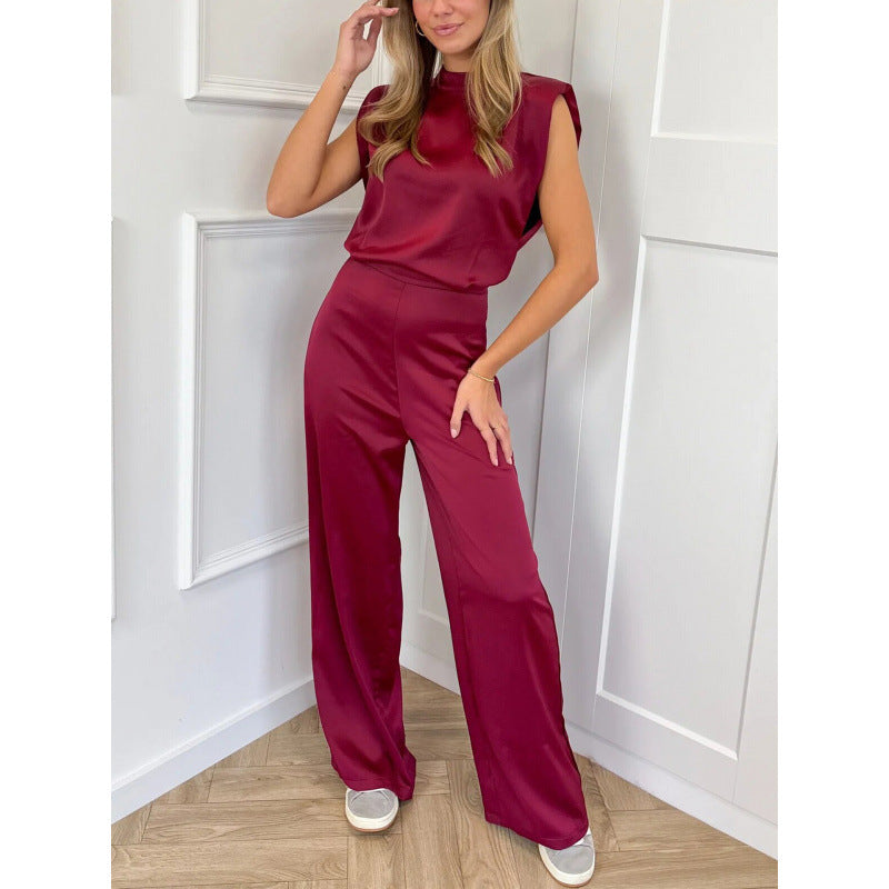 Elegant Satin Look Wide Leg Jumpsuit with Padded Shoulders and Chic Mock Neck Design
