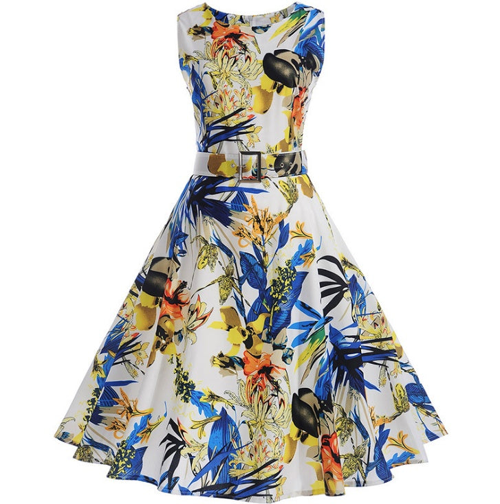 Vibrant Floral Print Sleeveless Belted A-Line Midi Dress for Summer