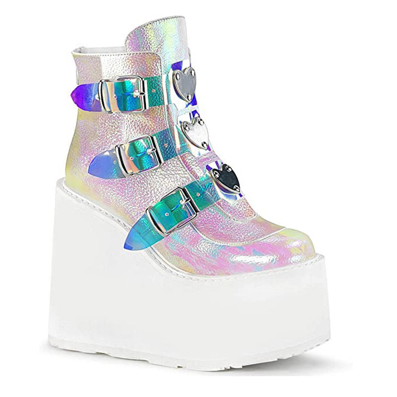 Holographic Platform Wedge Ankle Boots