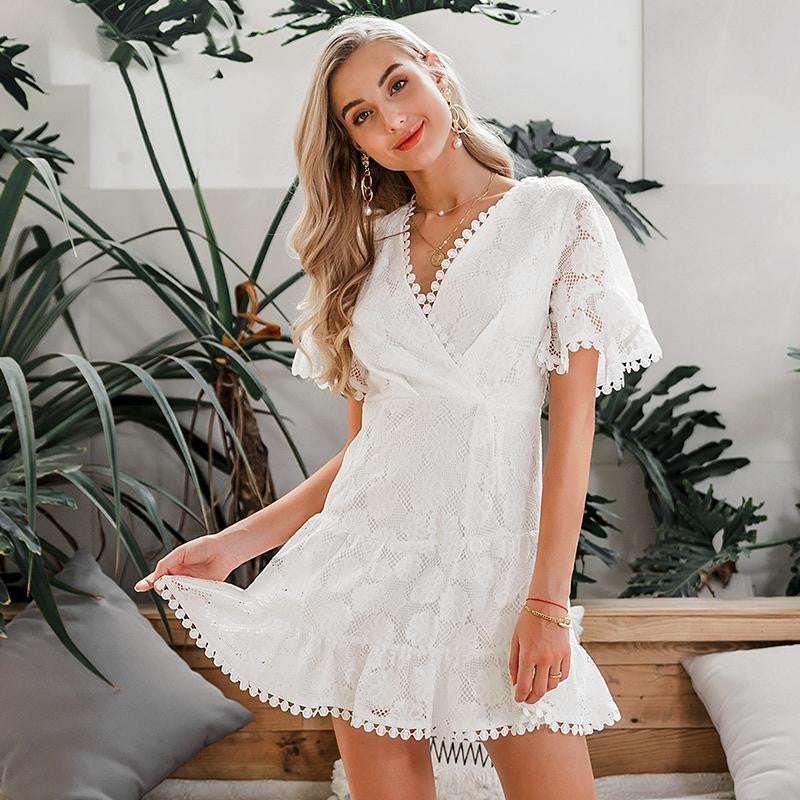 Elegant White Lace Wrap Mini Dress - Perfect for Summer