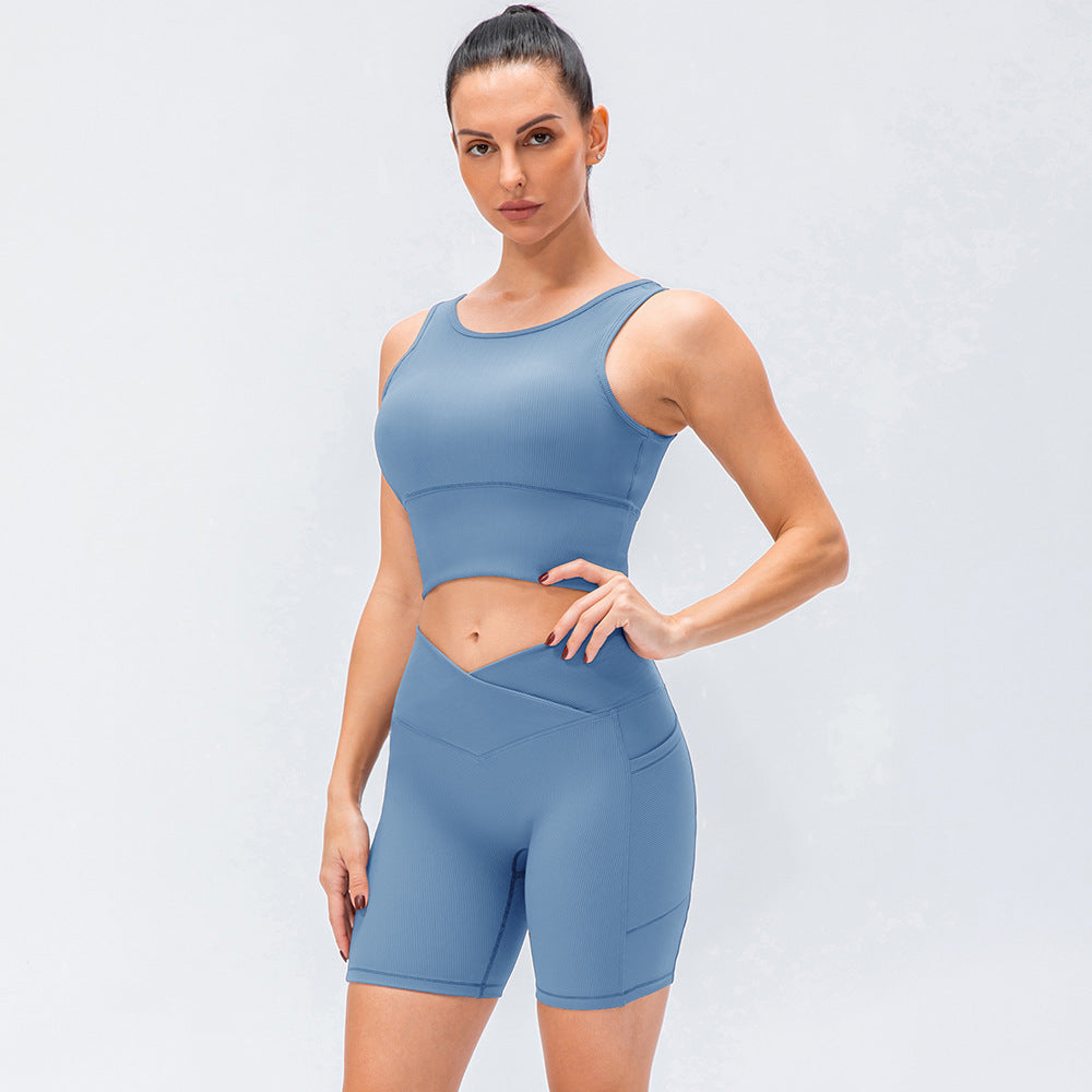 Stylish Ribbed Crop Top and V Waist Biker Shorts Activewear Set