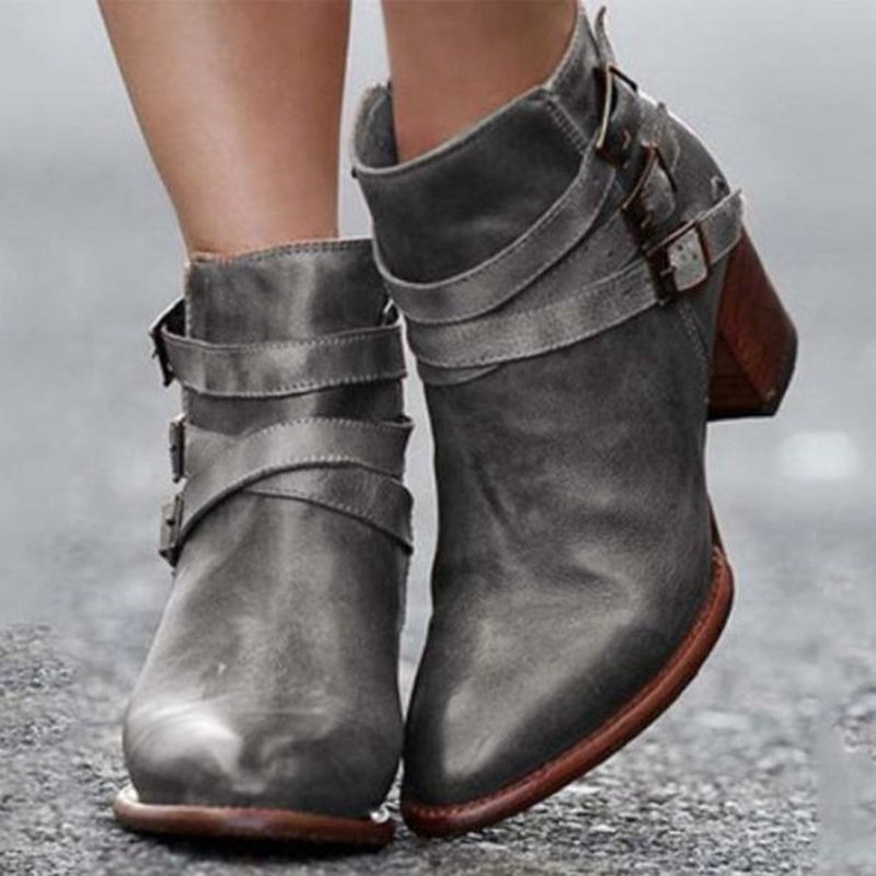 Chic Boho Buckle Block Heel Ankle Boots