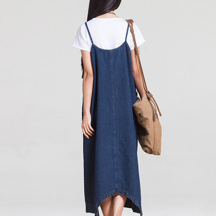 Comfortable Loose Fit Denim Overalls Midi Dress with Pockets for Everyday Wear