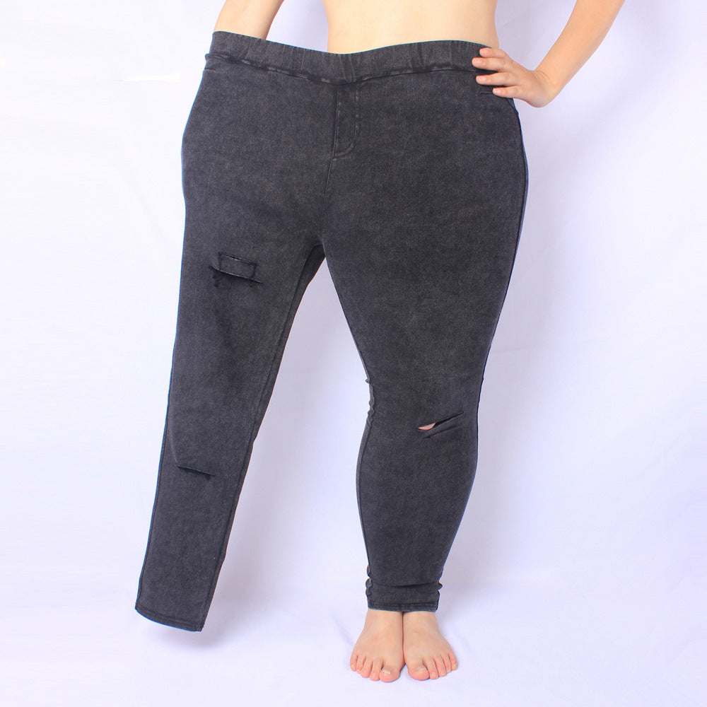 Comfortable Stretch Cotton Blend Ripped Knee Casual Leggings