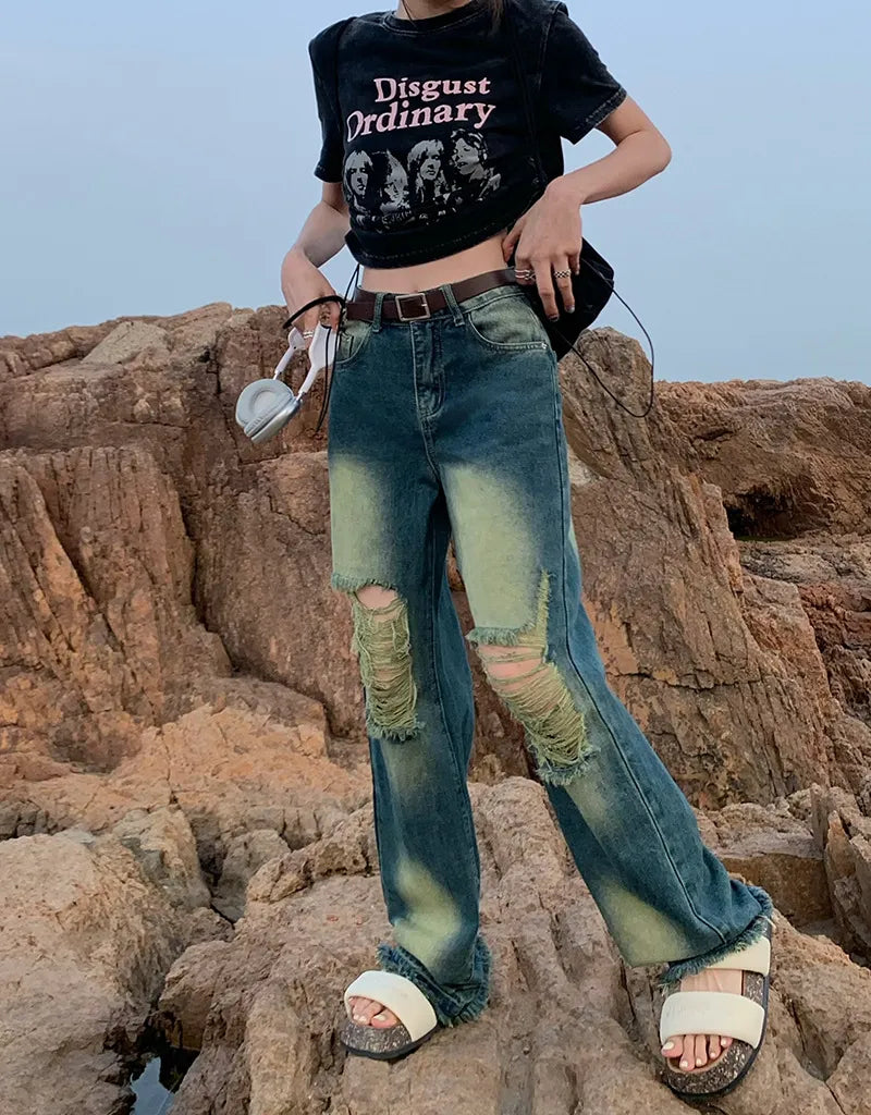 High-Waist Distressed Wide-Leg Denim Jeans