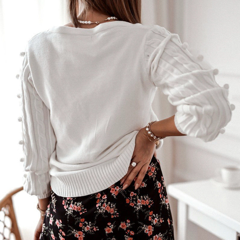 Chic V Neck Cable Knit Cardigan Sweater with Unique Pom Pom Sleeves and Gold Buttons