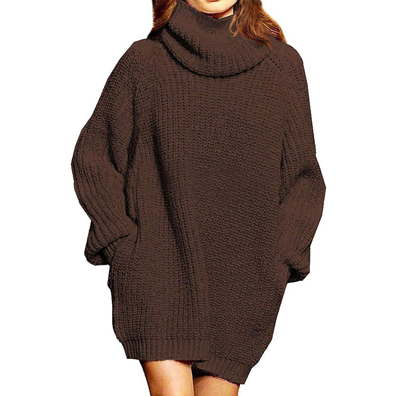 Cozy Oversized Long Sleeve High Neck Knit Sweater Dress with Convenient Pocket