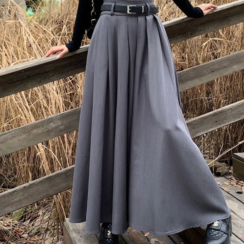 Elegant Pleated Maxi Skirt with Belt Urban Chic High Waist Flowy Design