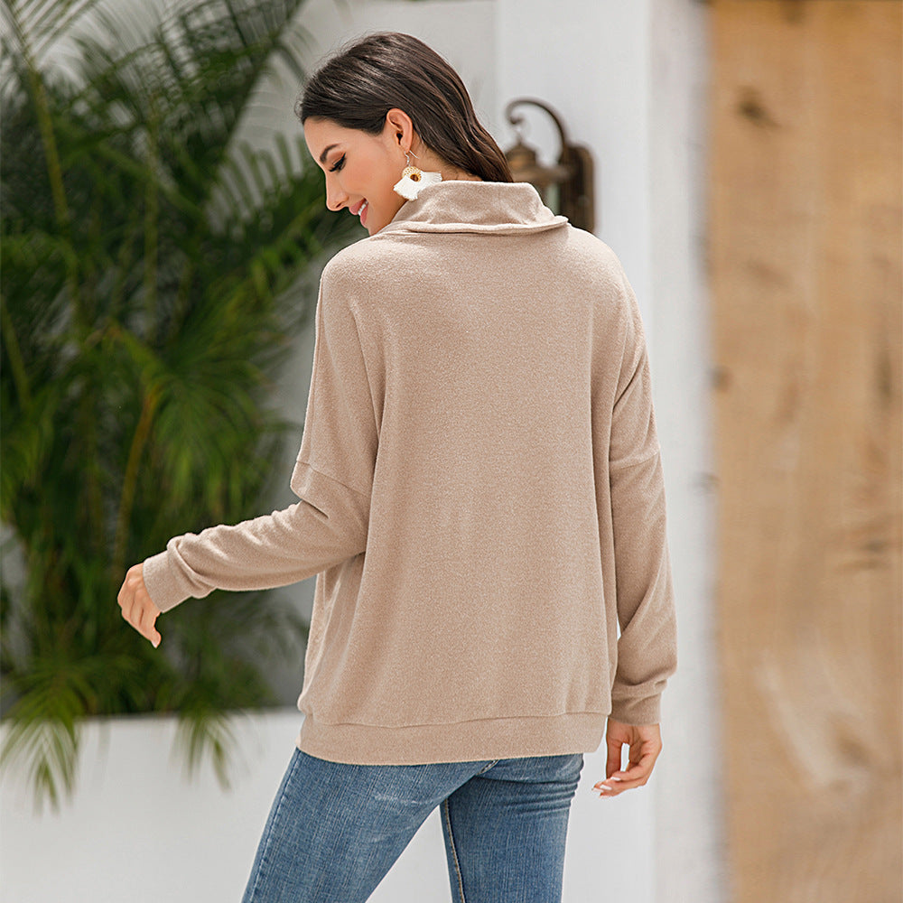 Comfortable Loose Fit Cowl Neck Long Sleeve Pullover Sweater with Front Pocket